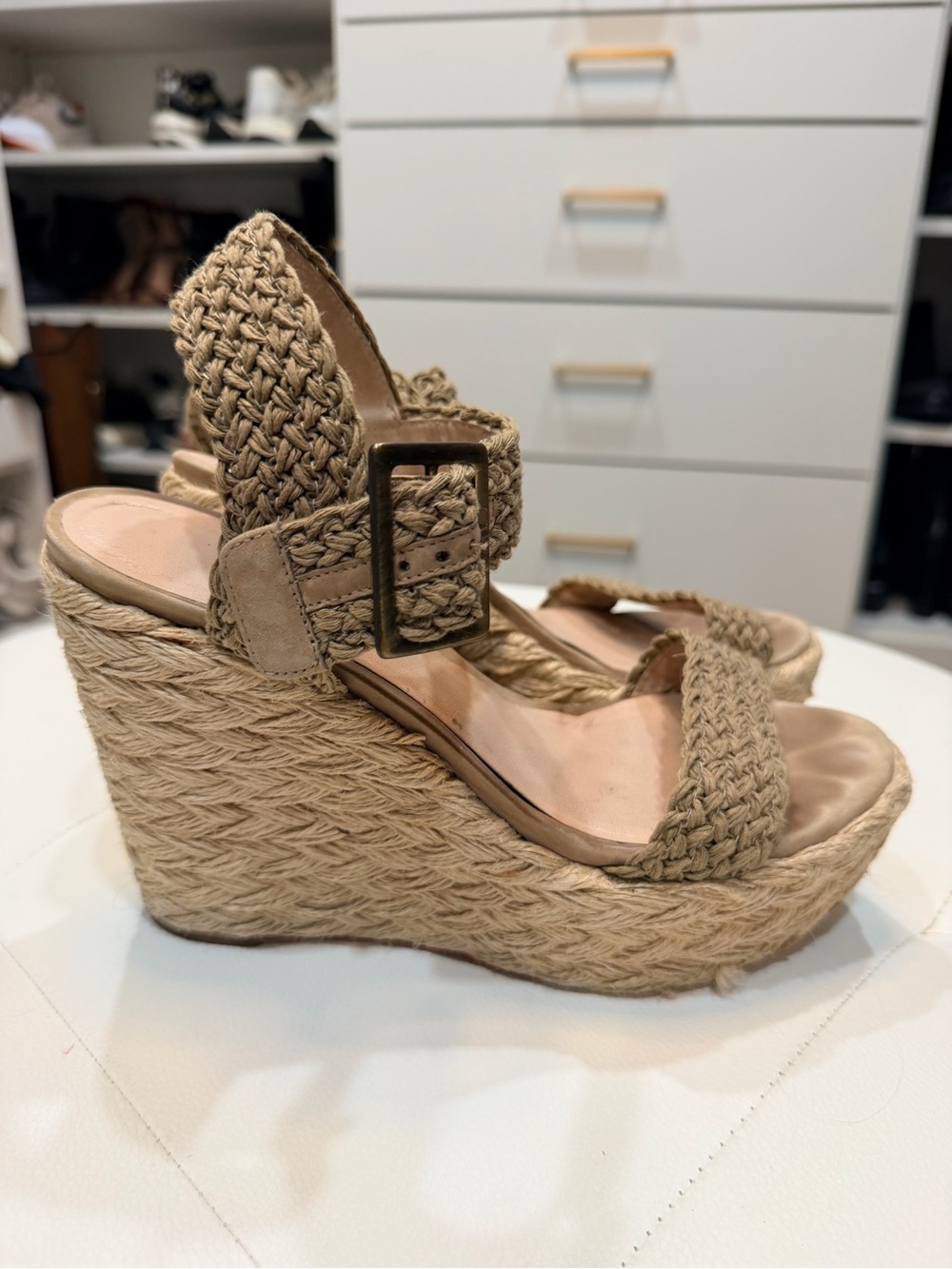 Stuart Weitzman Taupe Braided Espadrille Wedge Sandals - Picture 2 of 5